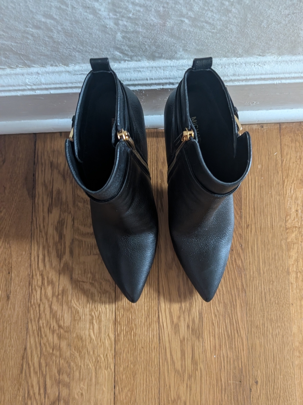 Michael Kors Black Pointed-Toe Stiletto Ankle Booties with Gold Buckle - Picture 4 of 7